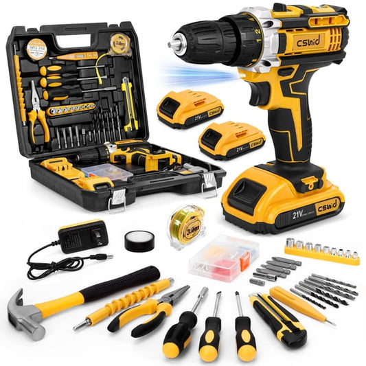 CSD45DSTS0000YE Tool Set with 21V Cordless Drill, Drill Set with 2 Batteries and Charger, 95PCS Electric Power Drill Tool Kit, Hand Repair Tools Sets Combo Kits Storage Organizer Drawer Case for Men Women, Yellow