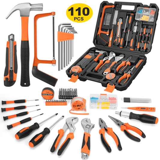 CSD44HRTK0000OG148P Home Repair Tool Set 110 PCS - Household Basic Portable Hand Repair Tool Kit with Case, Hammer, Pliers, Screwdrivers, Adjustable Wrench and Voltage Tester for Home Maintenance and DIY Projects