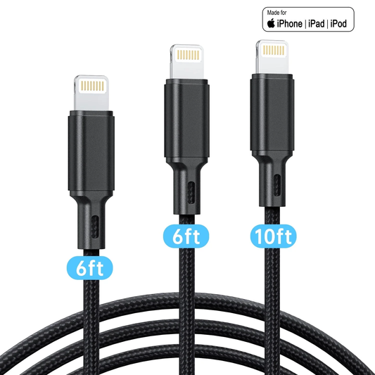 CSD03LNCB0000BK Lightning Charger Cable, 3 Pack 6/6/10FT Apple MFi Certified USB Lightning Cable Nylon Braided Fast Charging Cord Compatible for iPhone 14/13/12/11/X/Max/8/7/6/5/SE/Plus/iPad, Black