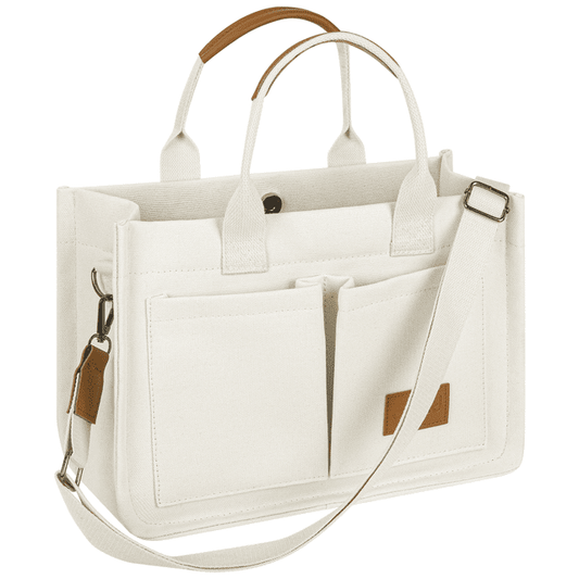 CSD01CTBH0000WH  Canvas Tote Bag with Multi-Pocket for Women, Large Crossbody Shoulder Handbag Everything Tote Bag with Compartments, Laptop Work Bags Shoulder Travel Messenger Gym Totes, White