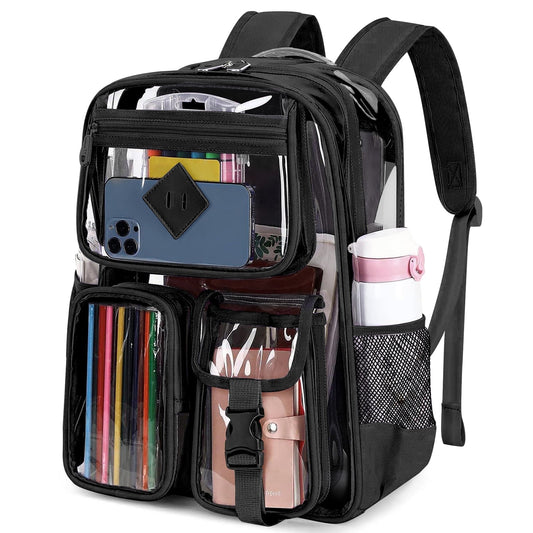 CSD46LAGCB0000BK Large Clear Backpack, 17" Heavy Duty Stadium Approved See Through Backpack with Reinforced Strap and Multiple Pockets, Waterproof PVC Transparent Backpacks for Work Travel Festival Black
