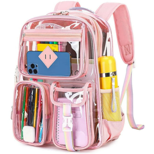 CSD46LAGCB0000PK Large Clear Backpack, 17" Heavy Duty Stadium Approved See Through Backpack with Reinforced Strap and Multiple Pockets, Waterproof PVC Transparent Backpacks for Work Travel Festival, Light Pink