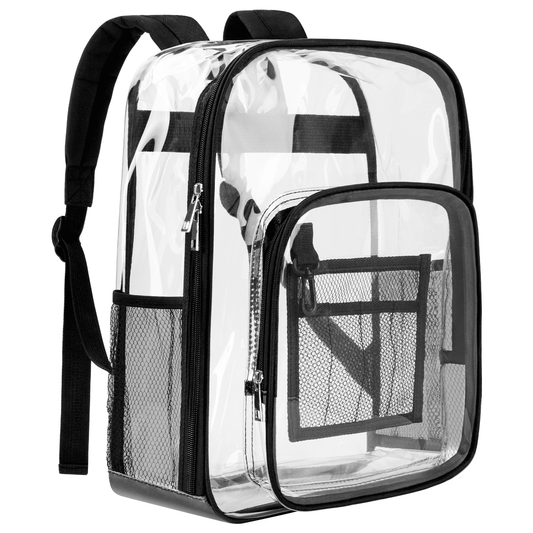 CSD47HDCB0000CL 16" Large Clear Backpack, Heavy Duty PVC Transparent Backpack Stadium Approved with Reinforced Strap College Bookbag with Front Pocket for Workplace Stadium Travel Security Festival College, Black