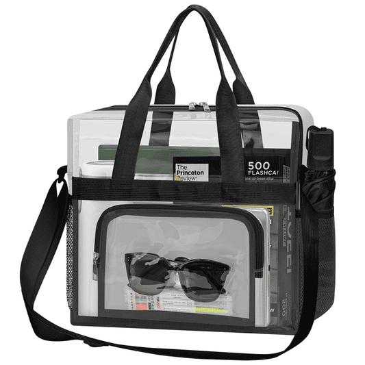 CSD47HBCB0000BK Clear Tote Bag for Stadium Events 12x12x6, Clear Bag with Reinforced Strap, Clear Tote Lunch Bag with 2 Side Pocket and Front Pocket for Work, Sports Games Concerts Travel Security Festival, Black