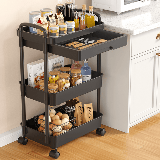 CSD52URCD0000BK Rolling Utility Cart with Drawer 3 Tier, Plastic Rolling Cart with Handle & Lockable Wheels, Storage Shelves Organizer Cart, Multifunctional Storage Cart for Kitchen Bathroom Office Living Room Black