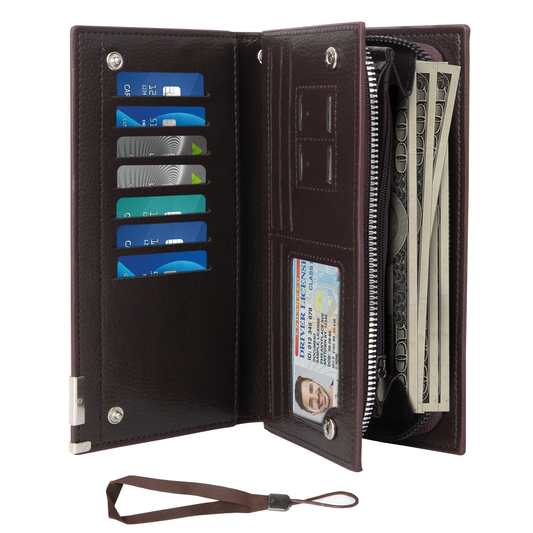 CSD01WFMP0030BN  Mens Wallet Genuine Leather, Long Zipper Wallet RFID Blocking Bifold Secure Zip Around Wallets 14 Credit Card Holder Purse with 2 Large Zipper Cash Pocket, Brown
