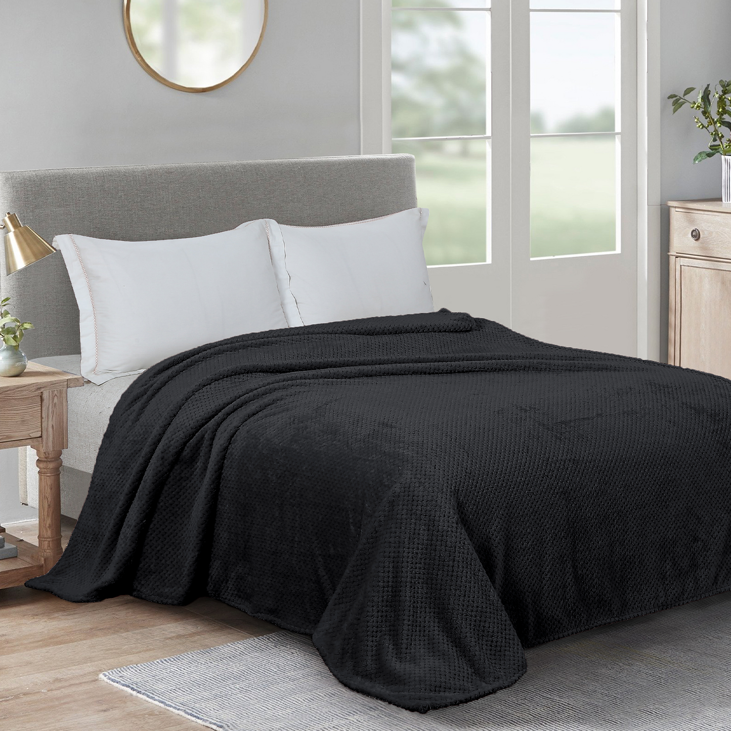 Throw Blanket, 260GSM Soft Jacquard Blanket for Bed, Waffle Weave Fuzzy Blanket King Size for Decor, Lightweight and Warm Blankets for Office Bedroom Sofa Office Travel, Black