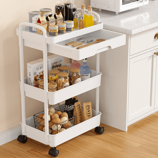 CSD52URCD0000WH Rolling Utility Cart with Drawer 3 Tier, Plastic Rolling Cart with Handle & Lockable Wheels, Storage Shelves Organizer Cart, Multifunctional Storage Cart for Kitchen Bathroom Office Living Room