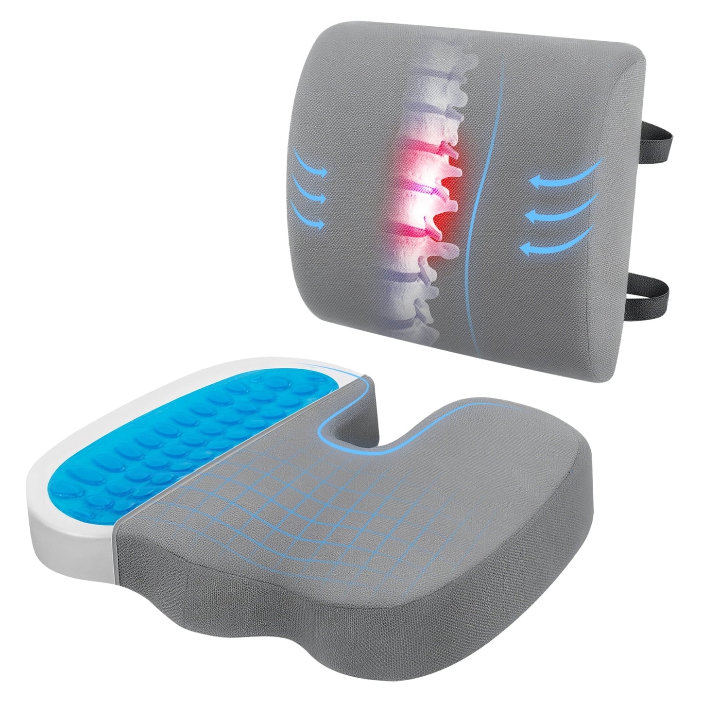 CSD43SCOC0000GY2P Seat Cushion and Lumbar Support Pillow for Office Chair, Car, Wheelchair, Gel Desk Chair Cushion and Memory Foam Back Support Pillows for Sciatica, Coccyx , Lower Back & Tailbone Pain Relief, Gray