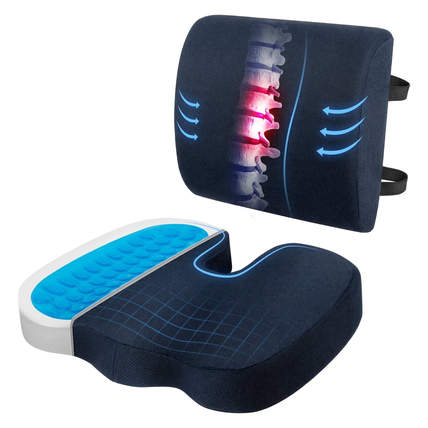 CSD43SCOC0000BU2P Seat Cushion and Lumbar Support Pillow for Office Chair, Car, Wheelchair, Gel Desk Chair Cushion and Memory Foam Back Support Pillows for Sciatica, Coccyx , Lower Back & Tailbone Pain Relief, Blue