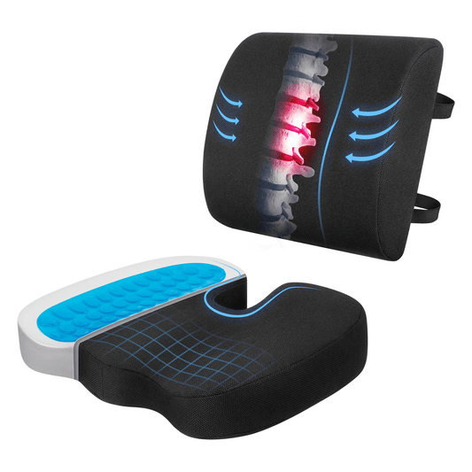 CSD43SCOC0000BK2pcs Seat Cushion and Lumbar Support Pillow for Office Chair, Car, Wheelchair, Gel Desk Chair Cushion and Memory Foam Back Support Pillows for Sciatica, Coccyx , Lower Back & Tailbone Pain Relief, Black