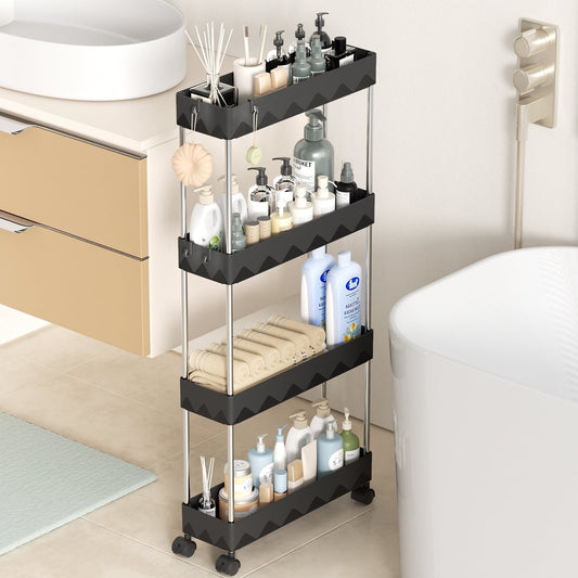 CSD01SRSC0000BK  Slim Storage Cart 4 Tier Slim Cart, Bathroom Rolling Utility Cart Storage Organizer Slide Out Cart, Mobile Shelving Unit Organizer Trolley for Office Bathroom Kitchen Laundry Narrow Places, Black