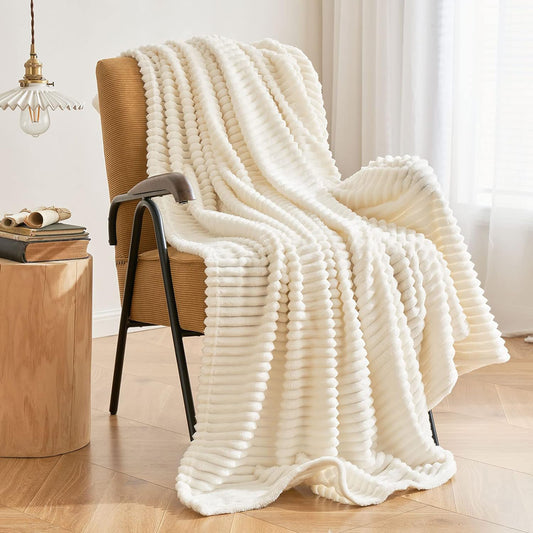 Throw Blanket, Extra Soft Blanket with Strip, Plush Fuzzy Cozy Bed Blankets and Throws for Couch,Bed,Sofa,Lightweight and Versatile Throws for Office Bedroom Picnic Home Decor,50x60" Beige