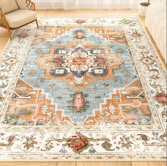 Washable Area Rug - Large Soft Rugs for Living Room Vintage Beige Rug, Vintage Rug Foldable Thin Rug Accent Rug Non Slip Carpet Floral Print Mat Bedroom Living Room Kitchen Office, Easy-Cleaning