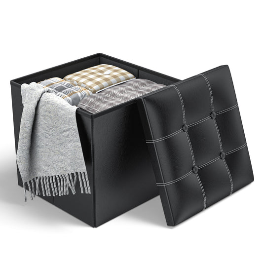 CSD01SROM0000BL  Storage Ottoman, 40L Leather Folding Foot Stool with Thicker Foam Padded Seat, Small Storage Ottoman Bench Foot Rest for Living Room Foldable Coffee Table 15x15x15in,Black