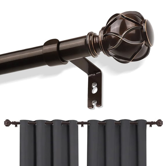 Bronze Curtain Rods for Windows 48 to 144 inches, Adjustable Length Curtain Rod with Metal Finials, 1 inch Diameter Heavy Duty Drapery Rod for Modern Decor Bedroom Kitchen Living Room