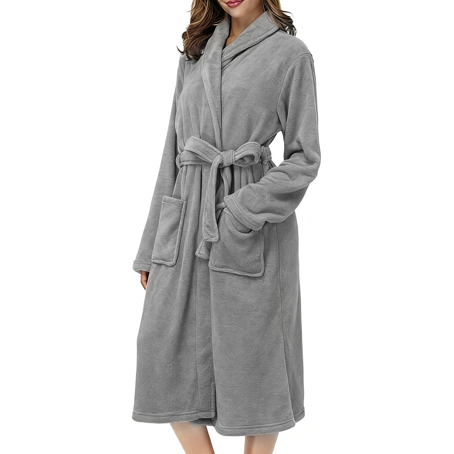 Robes for Women, Soft Fleece Women's Robe with Shawl Collar, Cozy Fluffy Long Bathrobes with Side Pockets, Female Robes for for Spa, Hotel Style at Home, Size L, Grey