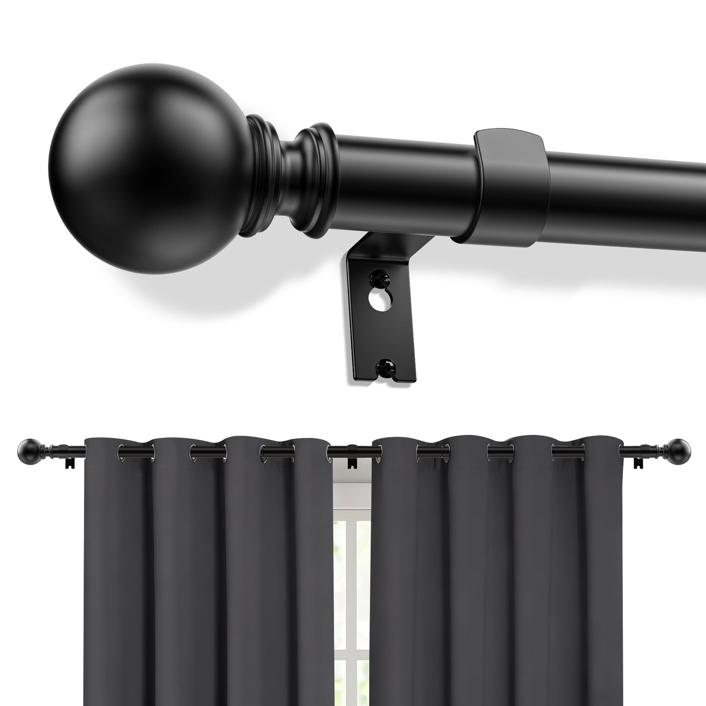 Curtain Rods, Single Curtain Rod for Windows 32 to 120 inch,1 inch Adjustable Matte Black Curtain Rod Easy Installation with Modern Design, Decorative Long Drapery Rods with Brackets