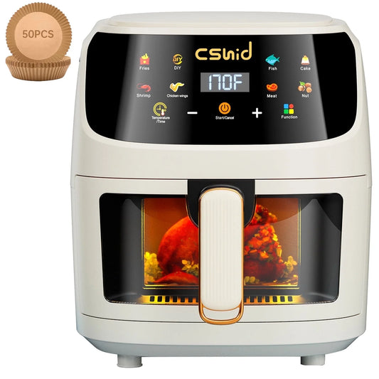 CSD01WAFQF305WH Air Fryer 7.4QT Large Capacity Touch Screen Smart Fryers Household Multi-function Window Visible Air fryer that Crisps, Roasts, Reheats, & Dehydrates, for Quick, Easy Meals, High Gloss Finish,White