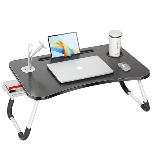 Foldable Lap Desk, Portable Bed Tray Table with 4 USB Ports, Cup Holder and Draw, Lap Desk for Working Reading Writing, Eating for Bed Sofa Couch Floor, with Mini Lamp & Fan