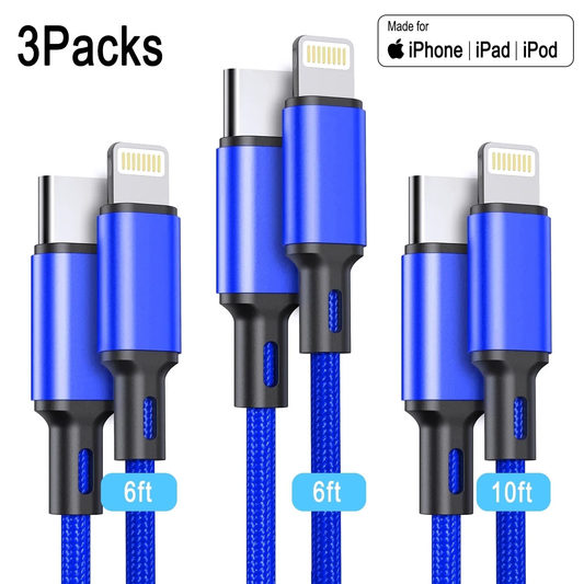 CSD03LTC00000BU USB C to Lightning Cable [MFi Certified] 3Pack 6/6/10FT iPhone Fast Charger Cable Power Delivery Type C Charging Cord Compatible with iPhone 14 13 13 Pro Max 12 12 Pro Max 11 XS XR X iPad，Blue