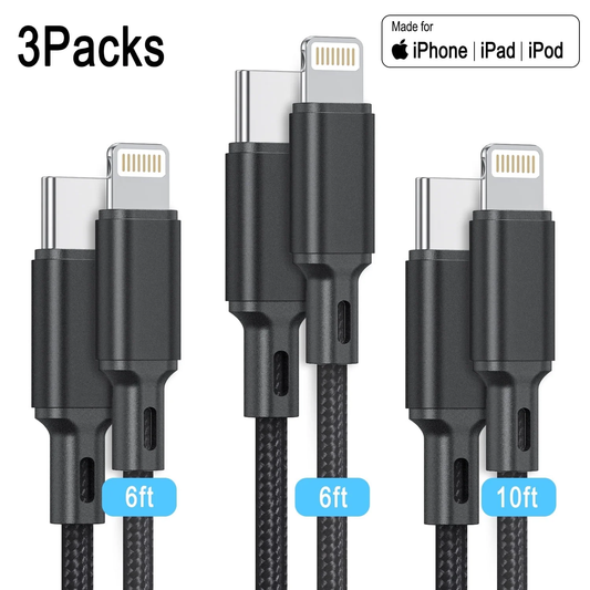CSD03LTC00000BK USB C to Lightning Cable [MFi Certified] 3Pack 6/6/10 FT Nylon Braided Charger Cable, Type C Charging Cord Compatible with iPhone 14/13/13 Pro Max/12/12 ProMax/11/XS/XR/X/8/iPad