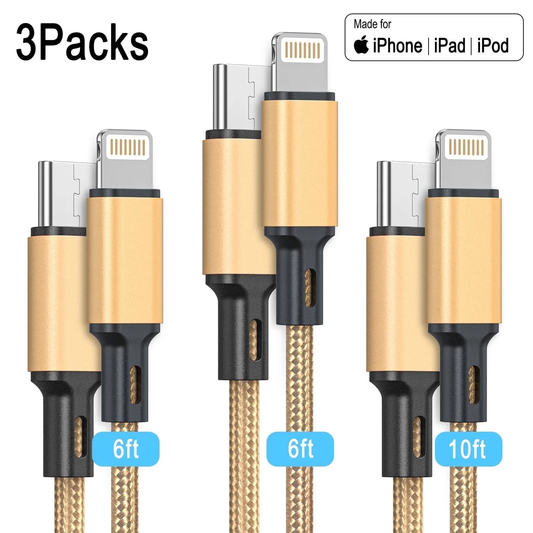 CSD03LTC00000GD USB C to Lightning Cable [MFi Certified] 3Pack 6/6/10FT iPhone Fast Charger Cable Power Delivery Type C Charging Cord Compatible with iPhone 14/13/13 Pro Max/12/12 Pro Max/11/xs/xr/x/8/iPad, Golden