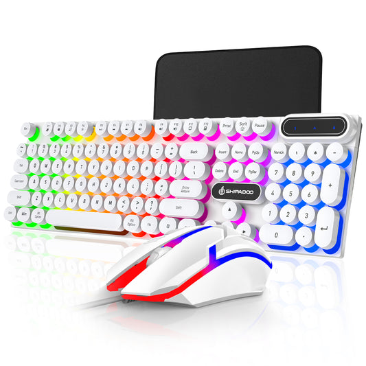 CSD01WGKBD500WHWired Keyboard & Mouse Combo, Retro Punk RGB Backlit Gaming Keyboard and Mouse W/Multimedia and Shortcut Keys, PC Gaming Keyboard, Office Keyboard for Working or Primer Gaming, Office Device, White
