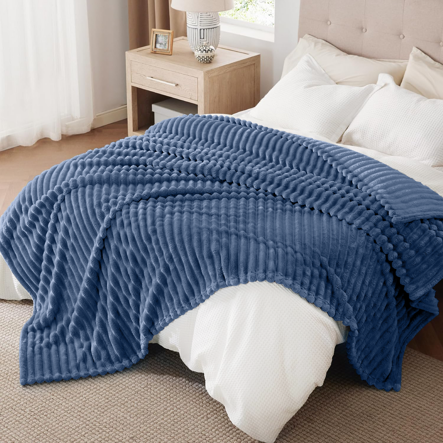 King Size Blanket,Extra Soft Strip Blanket, Plush Fuzzy Cozy Bed Blankets and Throws for Couch,Bed,Sofa,Lightweight and Versatile Throws for Office Bedroom Picnic Home Decor,90x108" Blue