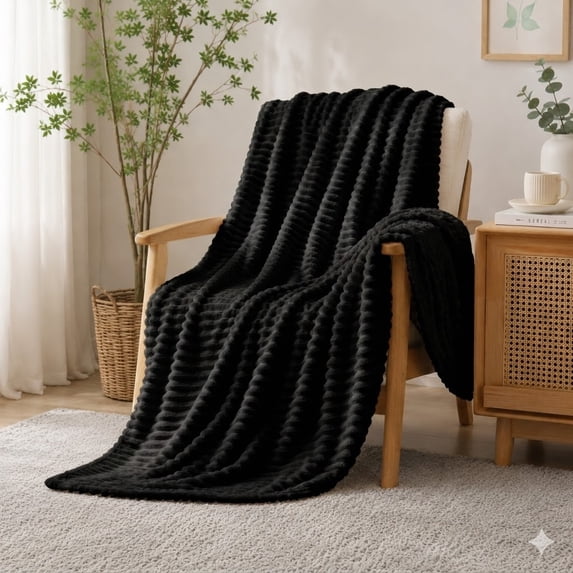 Throw Blanket for Couch,Sofa,Bed, 230GSM Super Soft Striped Black Bed Blanket for Office Picnic Travel Bedroom, Warm Cozy Lightweight Home Decor Blanket for All-Season, 50x60in